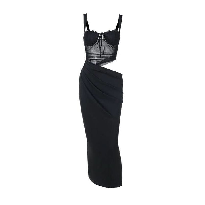 Hollow out mesh ruched cami cut out maxi dress  | Festival Outfits Women