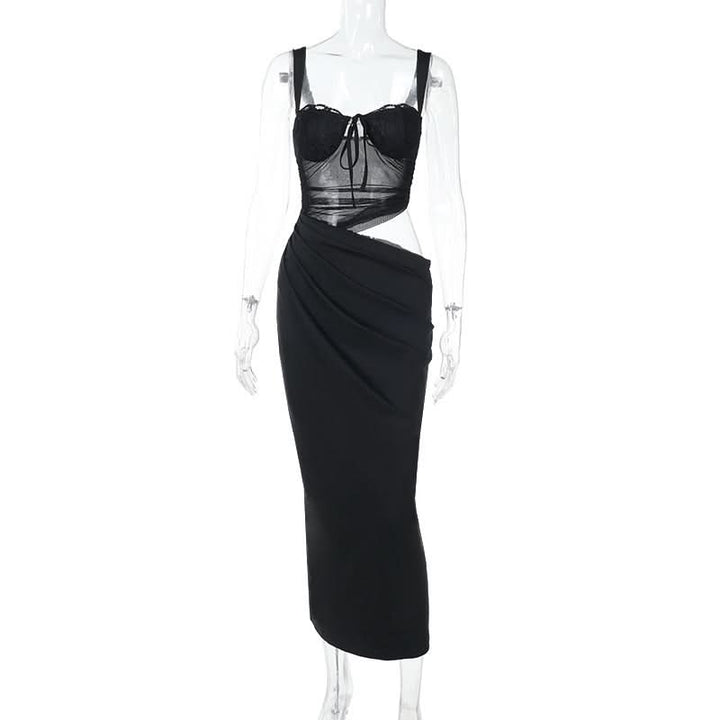 Hollow out mesh ruched cami cut out maxi dress  | Festival Outfits Women