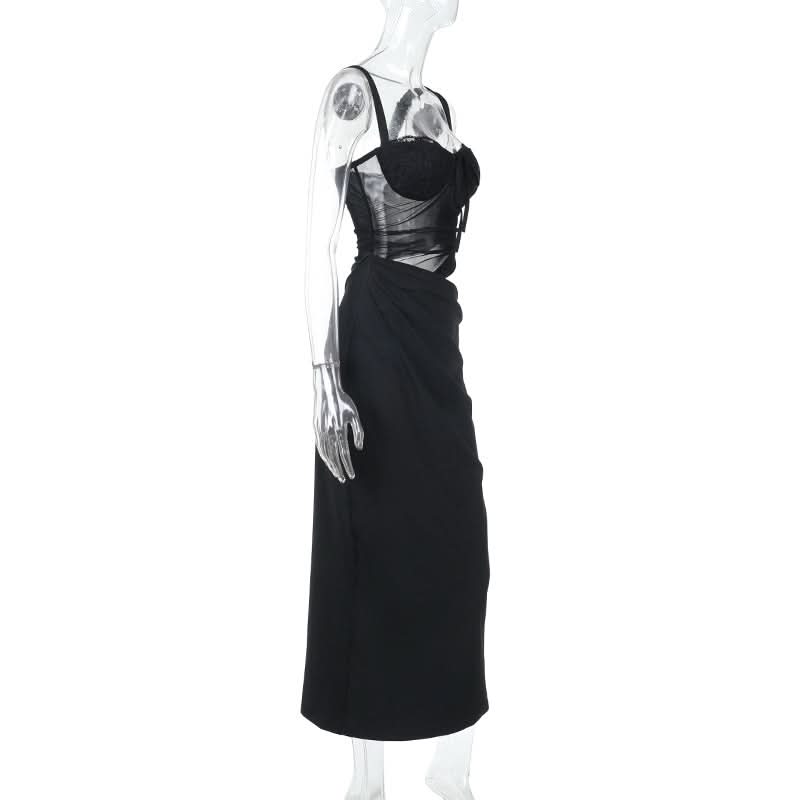 Hollow out mesh ruched cami cut out maxi dress  | Festival Outfits Women