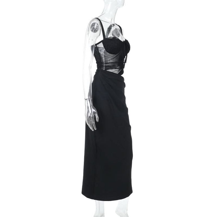Hollow out mesh ruched cami cut out maxi dress  | Festival Outfits Women