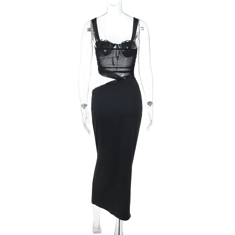 Hollow out mesh ruched cami cut out maxi dress  | Festival Outfits Women