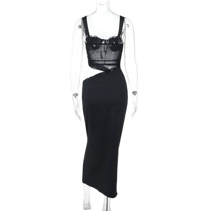 Hollow out mesh ruched cami cut out maxi dress  | Festival Outfits Women