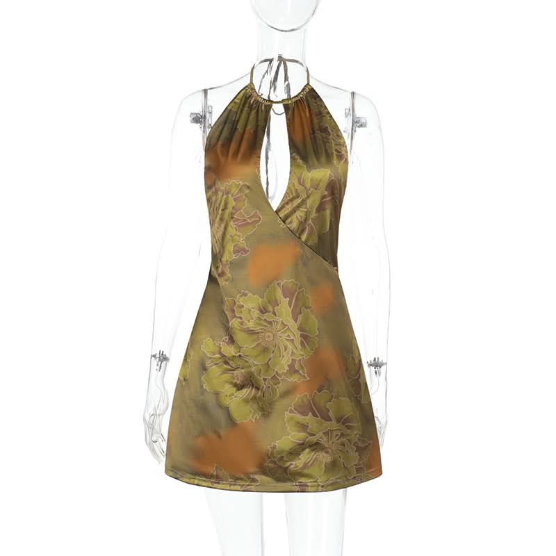 Halter backless hollow out flower print cut out mini dress  | Festival Outfits Women