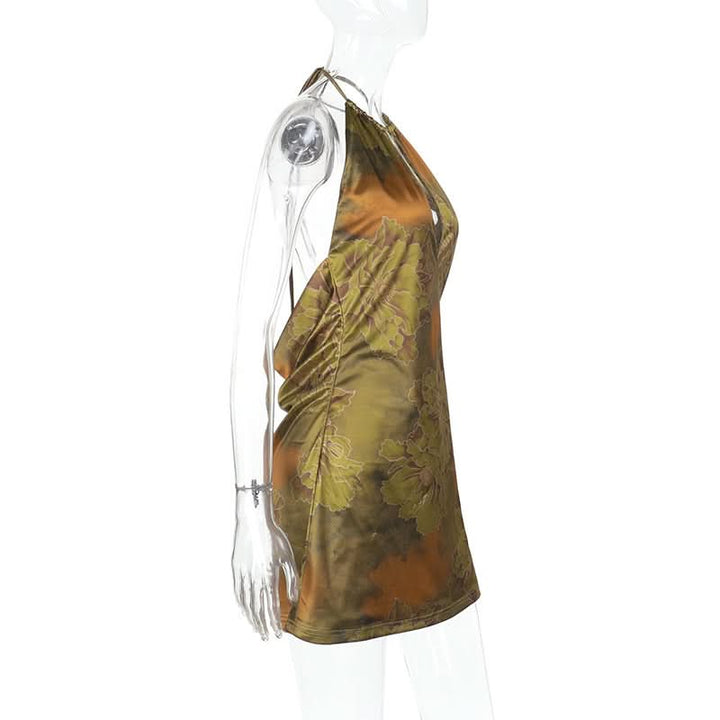 Halter backless hollow out flower print cut out mini dress  | Festival Outfits Women