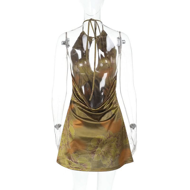 Halter backless hollow out flower print cut out mini dress  | Festival Outfits Women