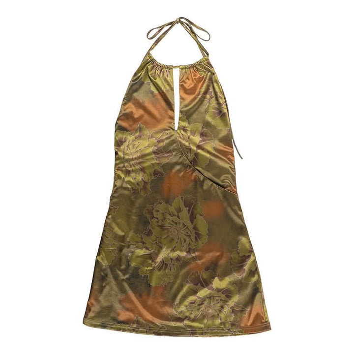 Halter backless hollow out flower print cut out mini dress  | Festival Outfits Women