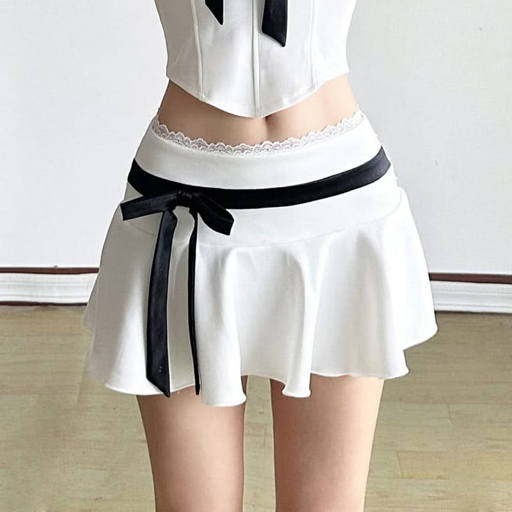Lace hem bowknot A line contrast mini skirt  | Festival Outfits Women