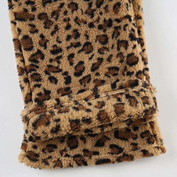 Drawstring leopard print fluffy low rise straight leg pant  | Festival Outfits Women