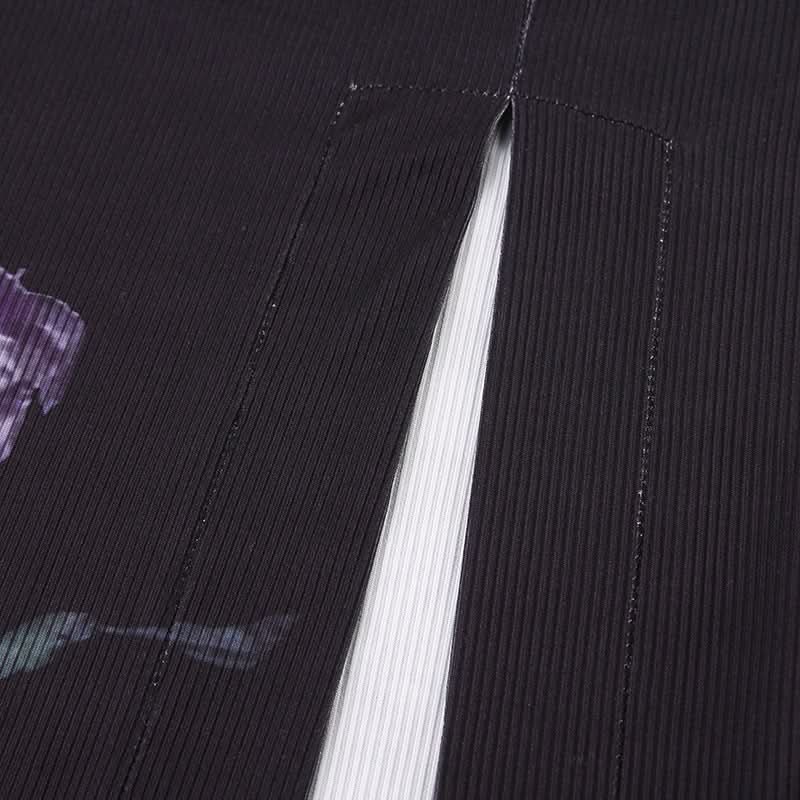 Zip-up slit ribbed flower print contrast midi dress  | Festival Outfits Women