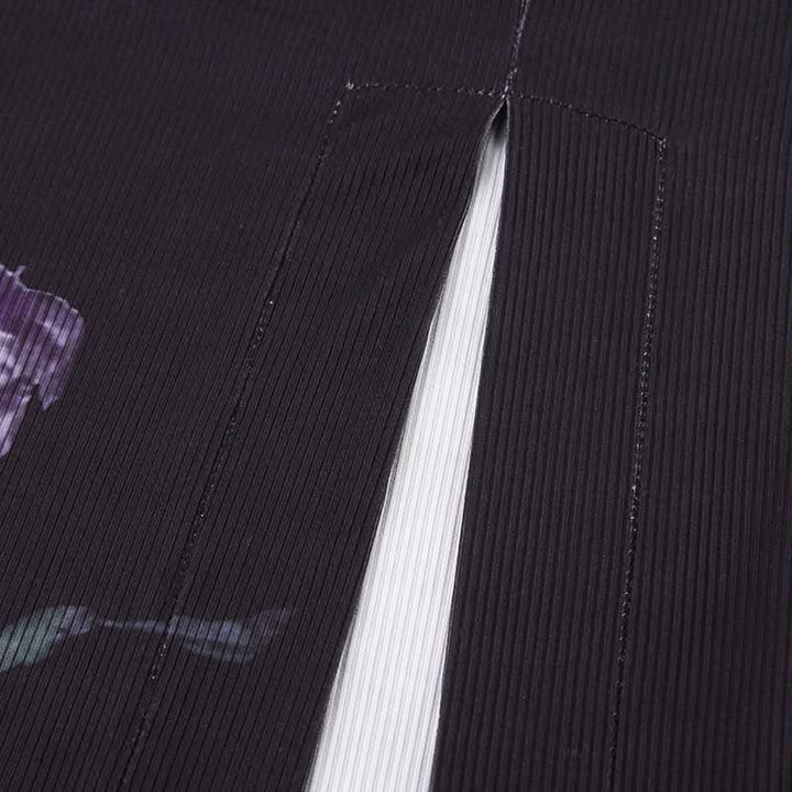 Zip-up slit ribbed flower print contrast midi dress  | Festival Outfits Women