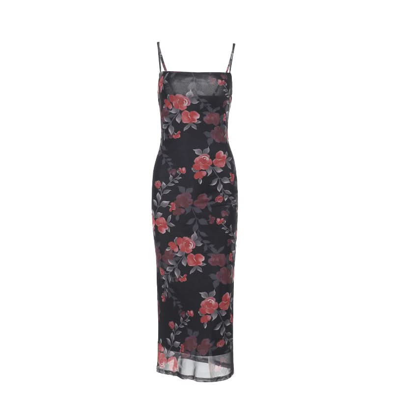 Flower print mesh cami maxi dress  | Festival Outfits Women