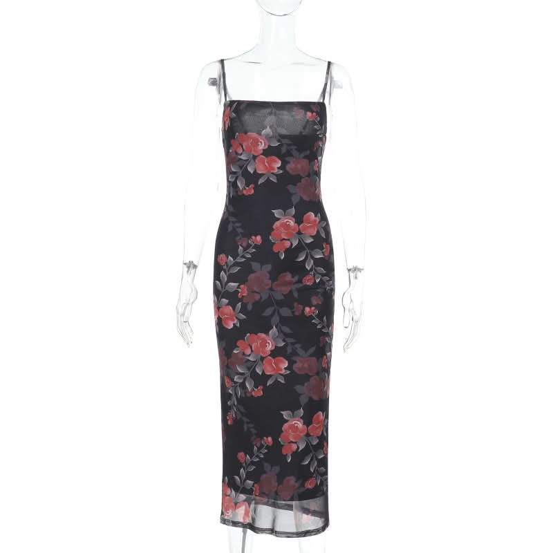 Flower print mesh cami maxi dress  | Festival Outfits Women