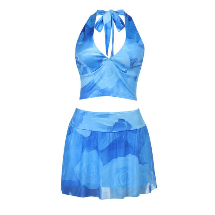 Halter v neck flower print mini skirt set  | Festival Outfits Women-final-sale