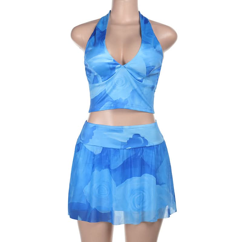 Halter v neck flower print mini skirt set  | Festival Outfits Women-final-sale