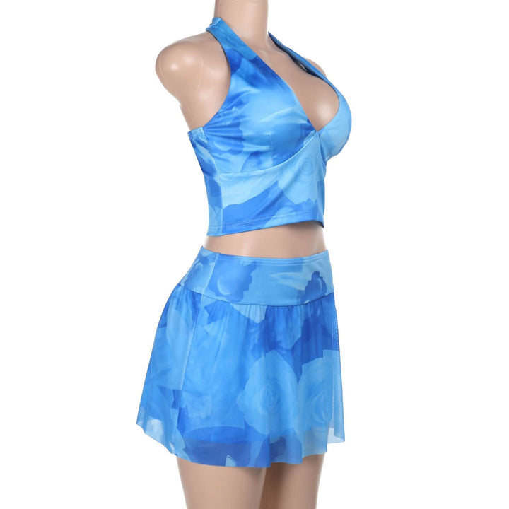 Halter v neck flower print mini skirt set  | Festival Outfits Women-final-sale