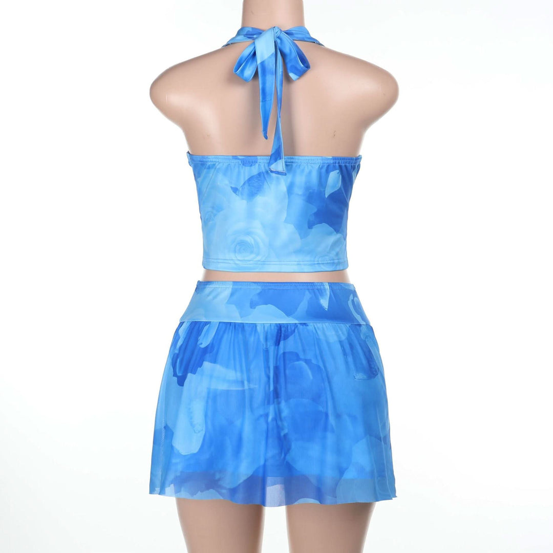 Halter v neck flower print mini skirt set  | Festival Outfits Women-final-sale