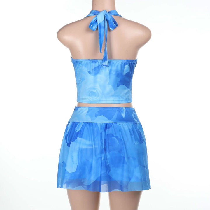 Halter v neck flower print mini skirt set  | Festival Outfits Women-final-sale