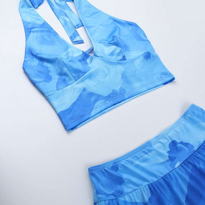 Halter v neck flower print mini skirt set  | Festival Outfits Women-final-sale