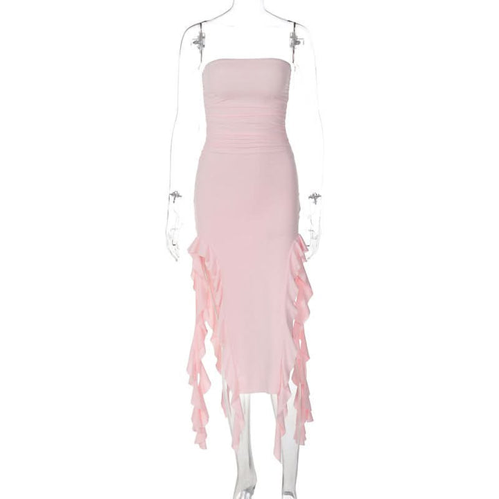 Irregular solid ruffle tube midi dress  | Festival Outfits Women