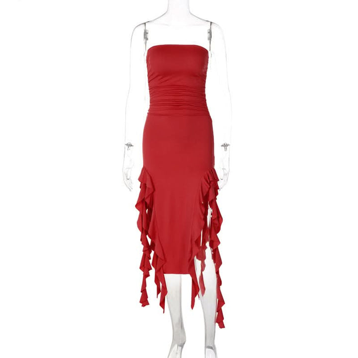 Irregular solid ruffle tube midi dress  | Festival Outfits Women