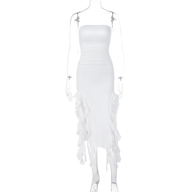 Irregular solid ruffle tube midi dress  | Festival Outfits Women