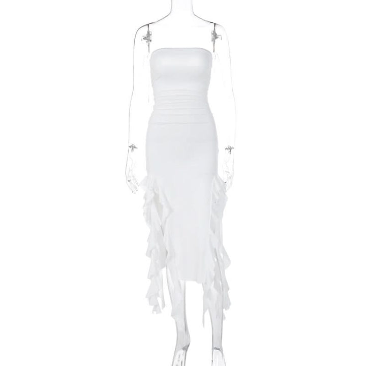 Irregular solid ruffle tube midi dress  | Festival Outfits Women