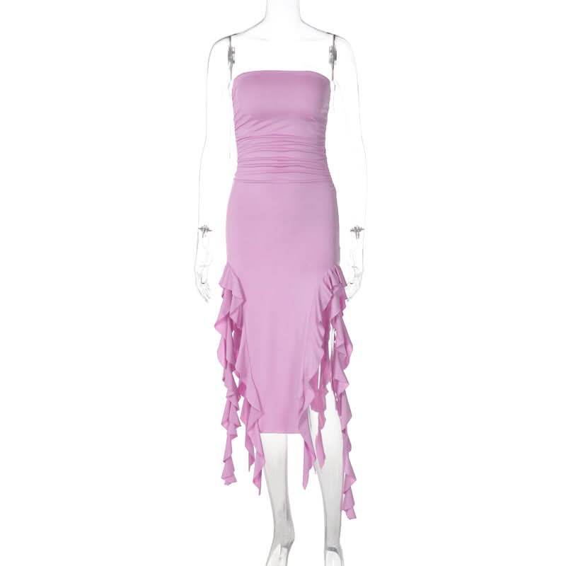 Irregular solid ruffle tube midi dress  | Festival Outfits Women