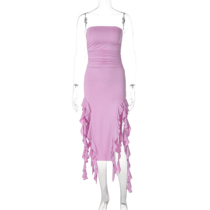 Irregular solid ruffle tube midi dress  | Festival Outfits Women