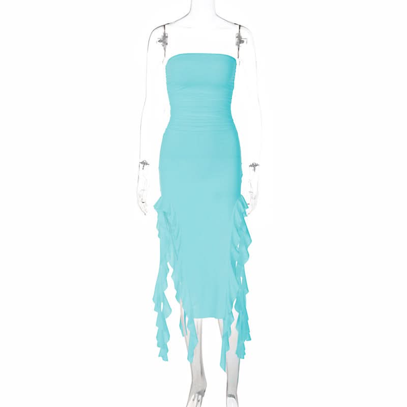 Irregular solid ruffle tube midi dress  | Festival Outfits Women