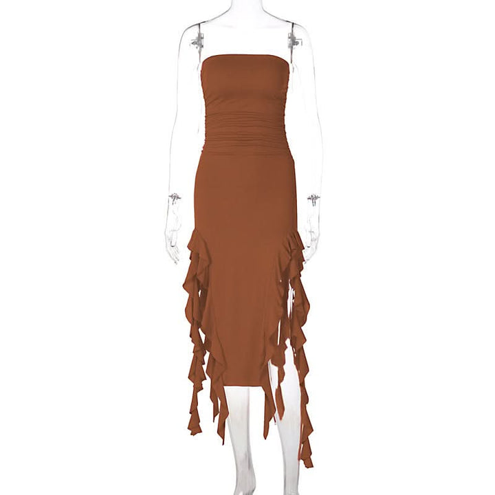 Irregular solid ruffle tube midi dress  | Festival Outfits Women