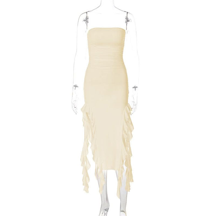 Irregular solid ruffle tube midi dress  | Festival Outfits Women