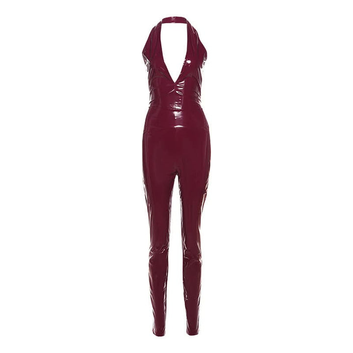 PU leather v neck halter zip-up pant set  | Festival Outfits Women