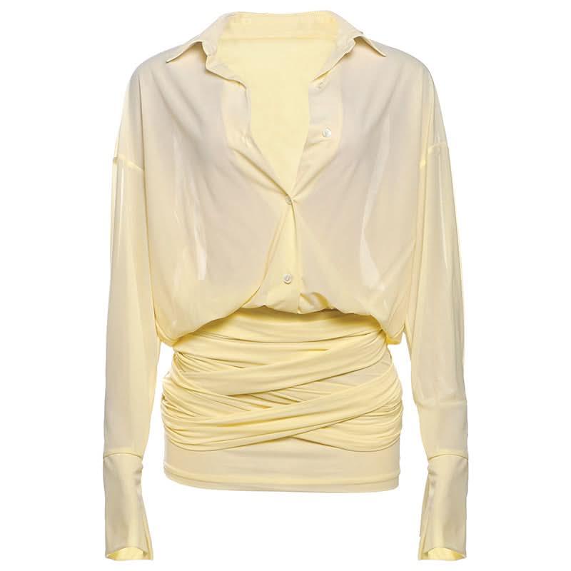Turnover collar long sleeve button knotted mini dress  | Festival Outfits Women