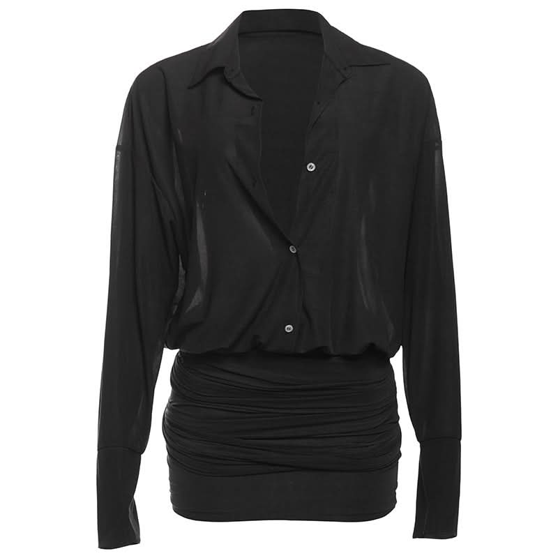 Turnover collar long sleeve button knotted mini dress  | Festival Outfits Women
