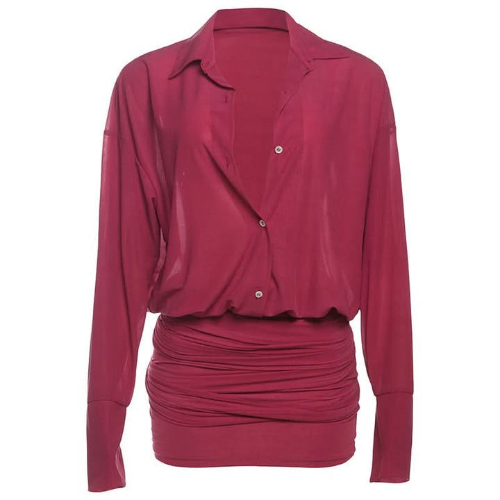 Turnover collar long sleeve button knotted mini dress  | Festival Outfits Women