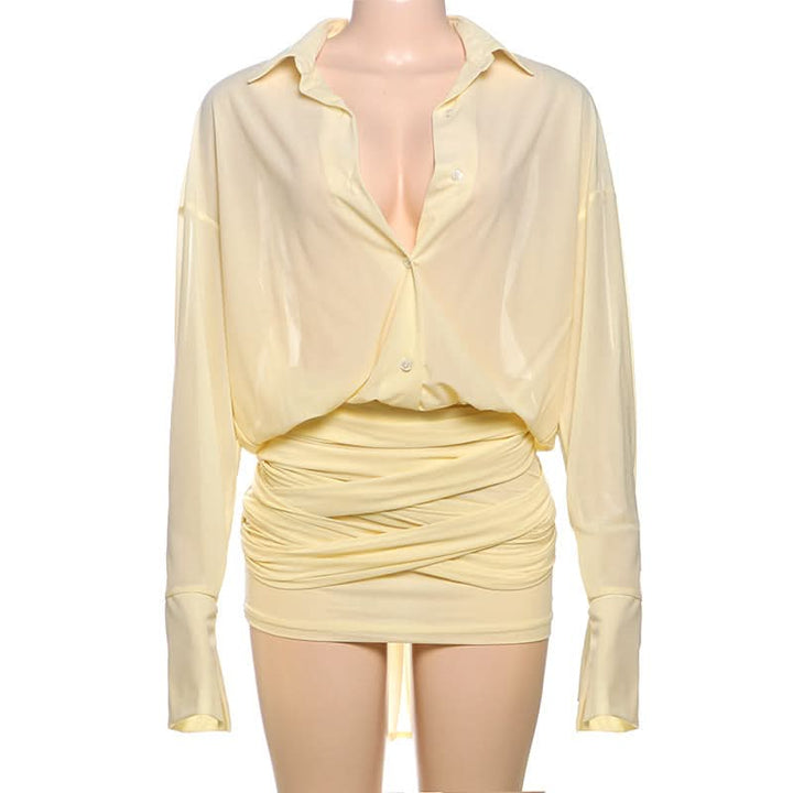 Turnover collar long sleeve button knotted mini dress  | Festival Outfits Women
