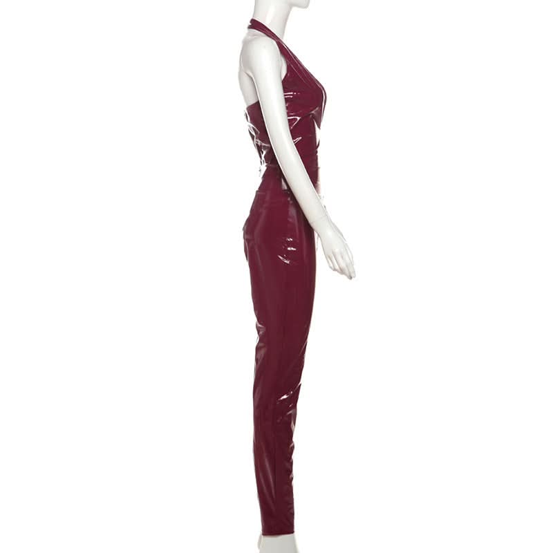 PU leather v neck halter zip-up pant set  | Festival Outfits Women