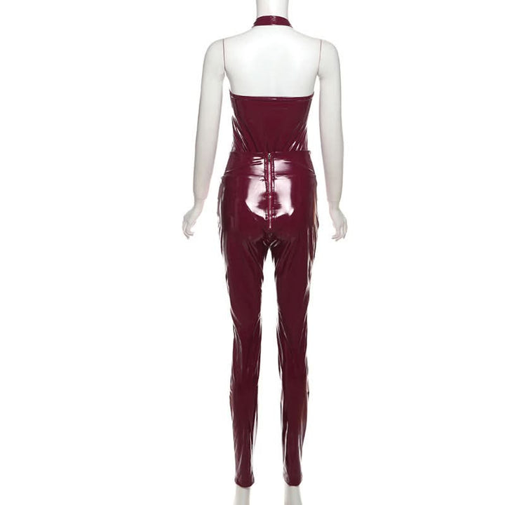 PU leather v neck halter zip-up pant set  | Festival Outfits Women