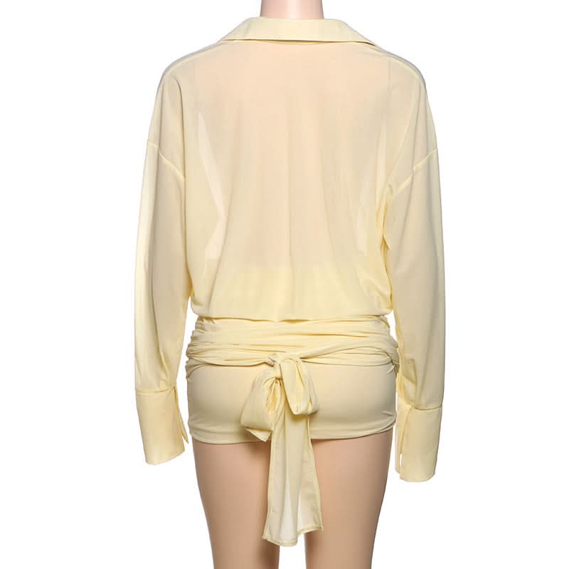 Turnover collar long sleeve button knotted mini dress  | Festival Outfits Women