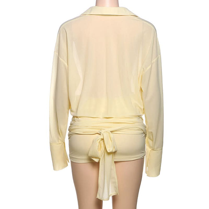 Turnover collar long sleeve button knotted mini dress  | Festival Outfits Women