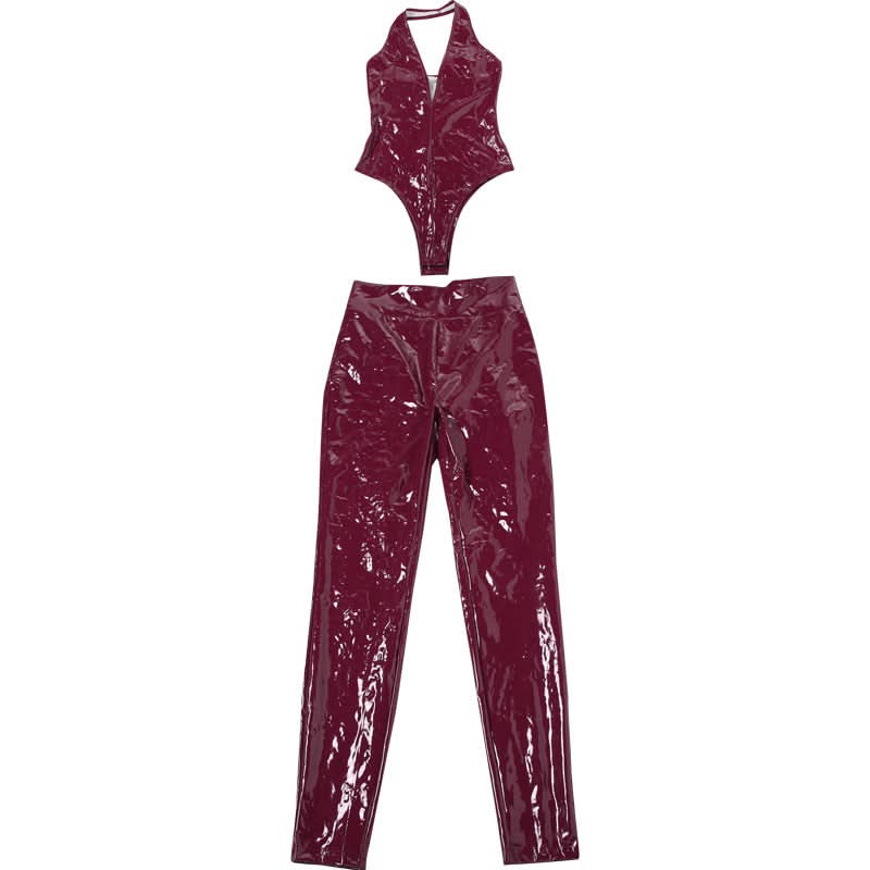 PU leather v neck halter zip-up pant set  | Festival Outfits Women