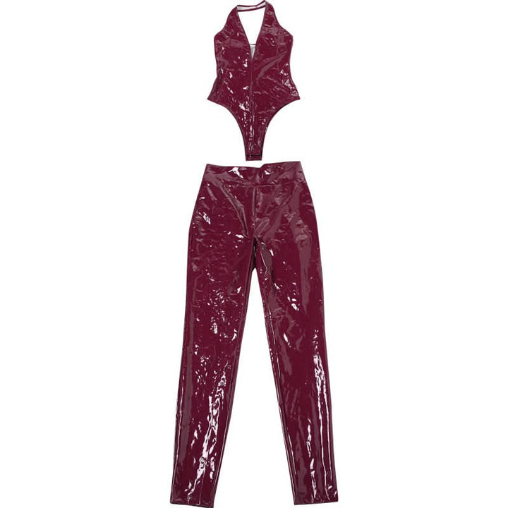 PU leather v neck halter zip-up pant set  | Festival Outfits Women