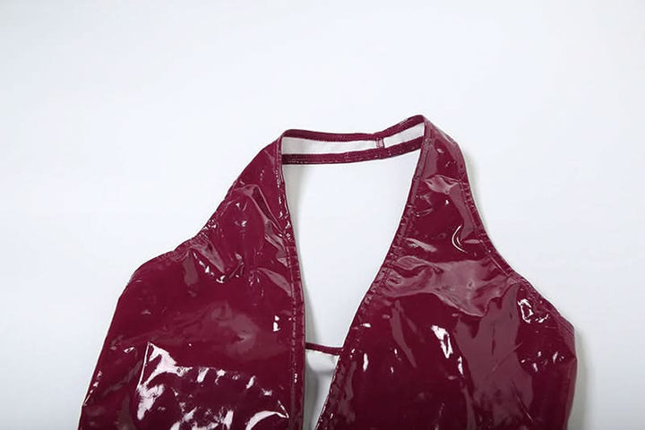 PU leather v neck halter zip-up pant set  | Festival Outfits Women