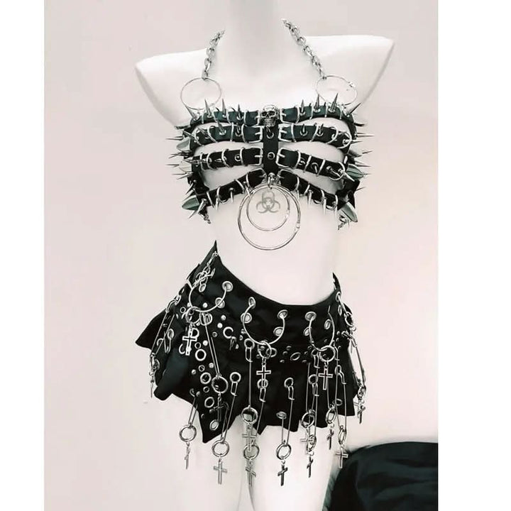 Halter hollow out o ring rivet applique mini skirt set  | Festival Outfits Women