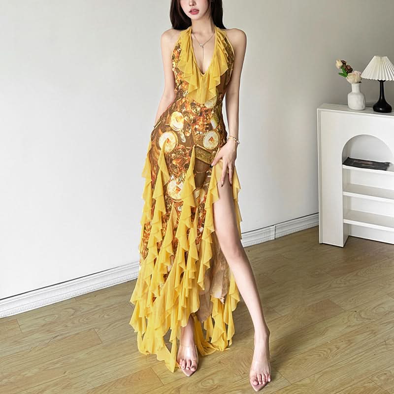 Halter self tie mesh ruffle print v neck maxi dress  | Festival Outfits Women