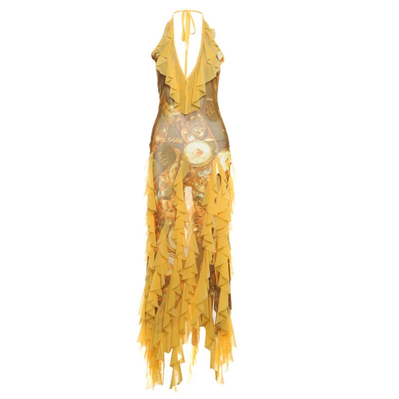Halter self tie mesh ruffle print v neck maxi dress  | Festival Outfits Women