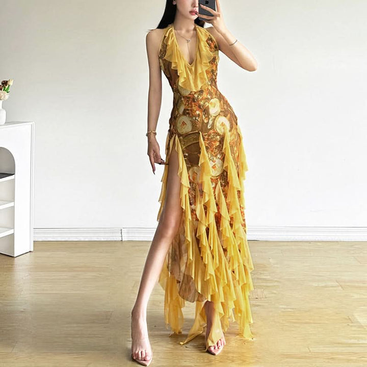 Halter self tie mesh ruffle print v neck maxi dress  | Festival Outfits Women