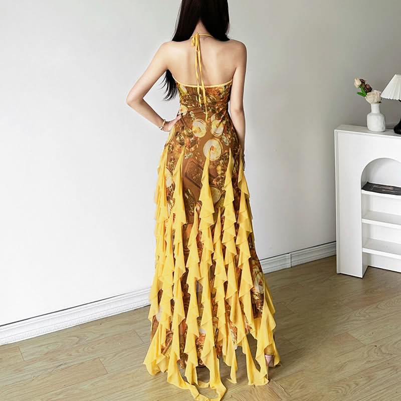 Halter self tie mesh ruffle print v neck maxi dress  | Festival Outfits Women