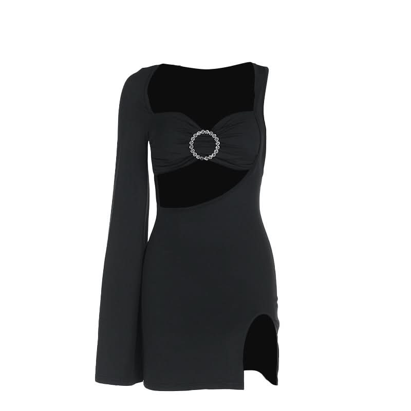 Long sleeve irregular slit hollow out cut out mini dress  | Festival Outfits Women