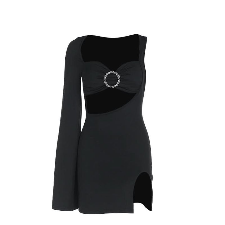 Long sleeve irregular slit hollow out cut out mini dress  | Festival Outfits Women